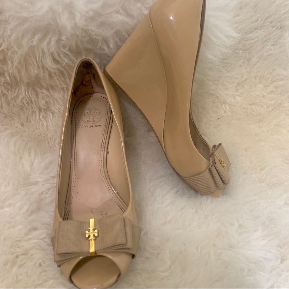 Tory Burch Trudy Peep Toe Patent Leather Wedge